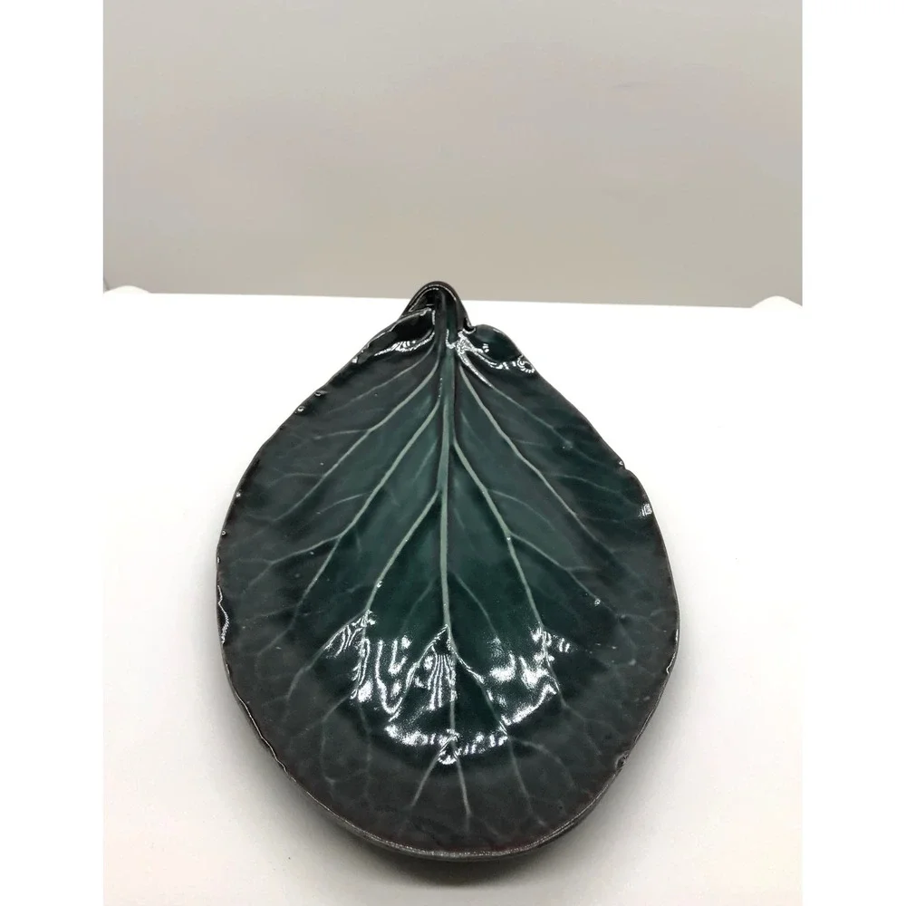 Dark Green Glazed Ceramic‎ Leaf Trinket Dish Botanical Decorative Platter 9 Inch